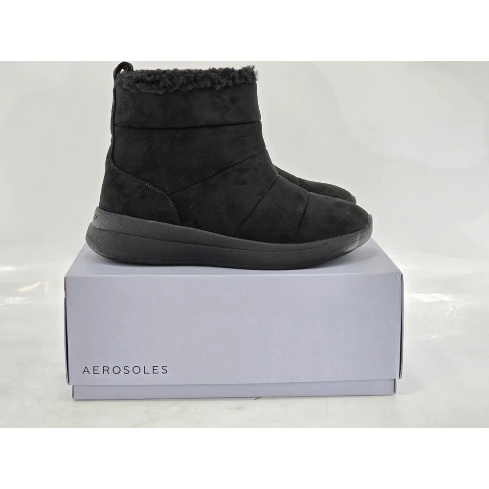 Aerosoles Fawne Ankle Boots Womens 9.5 Black Faux Suede Shearling Trim - New